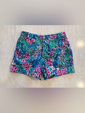 Lilly Pulitzer Tropical Floral Chino Shorts in Blue, Pink & Green, high waist.